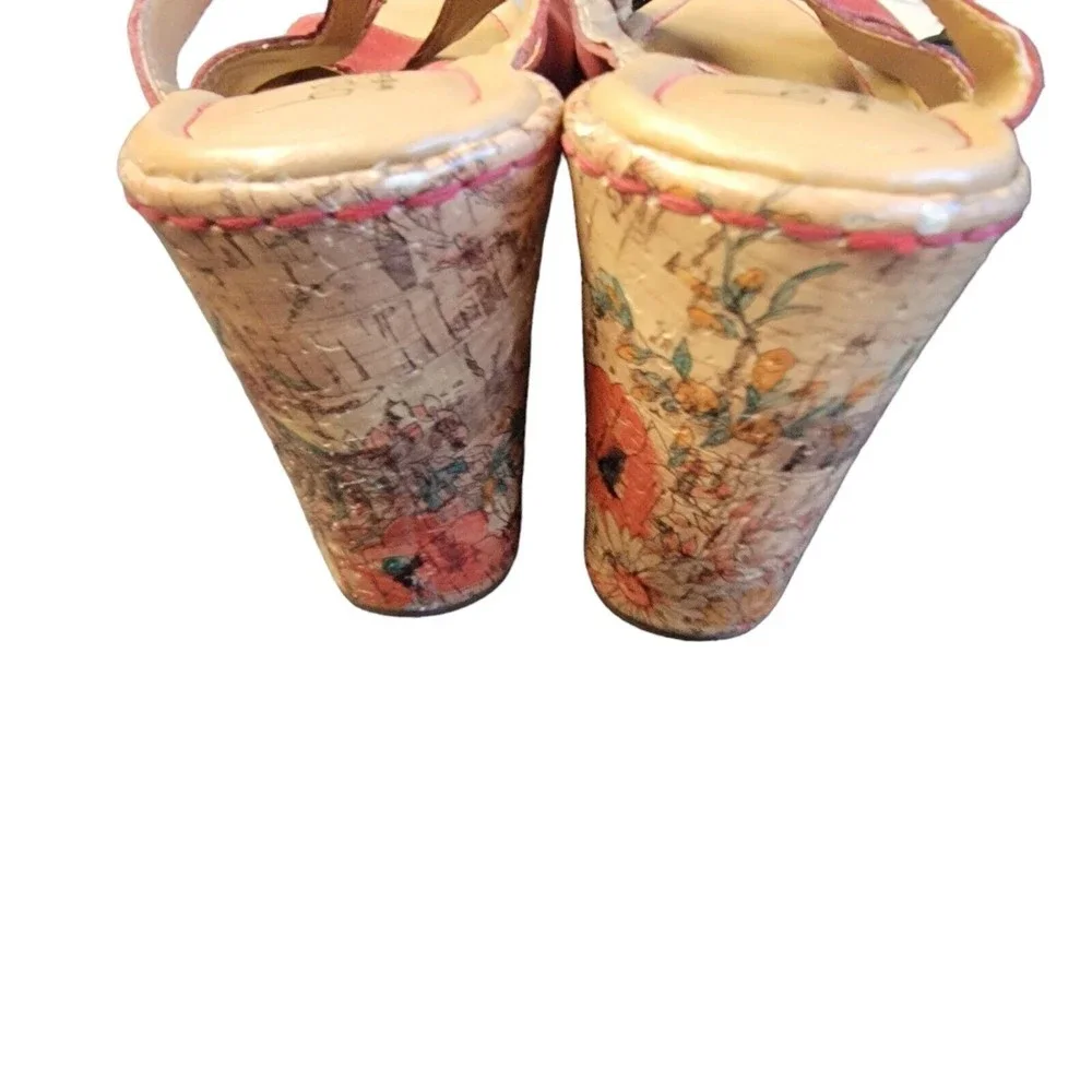 Born BOC‎ Wedge Sandals Women's 10 Red Leather Floral Platform Slip On Comfort